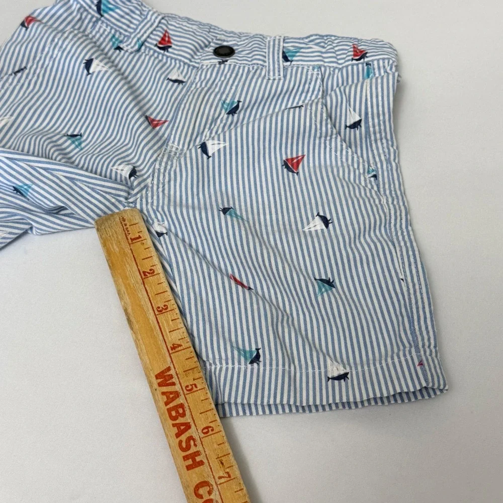 Nautica Boys 3T Blue White Striped Sailboat Print Chino Shorts Adjustable Waist